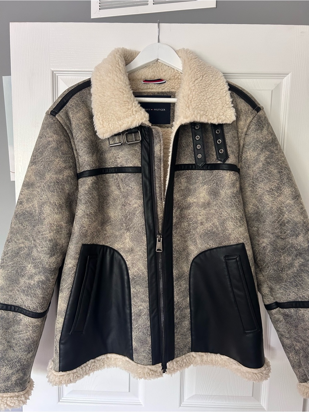 Tommy Hilfiger Distressed Taupe Aviator Jacket with Cream Shearling